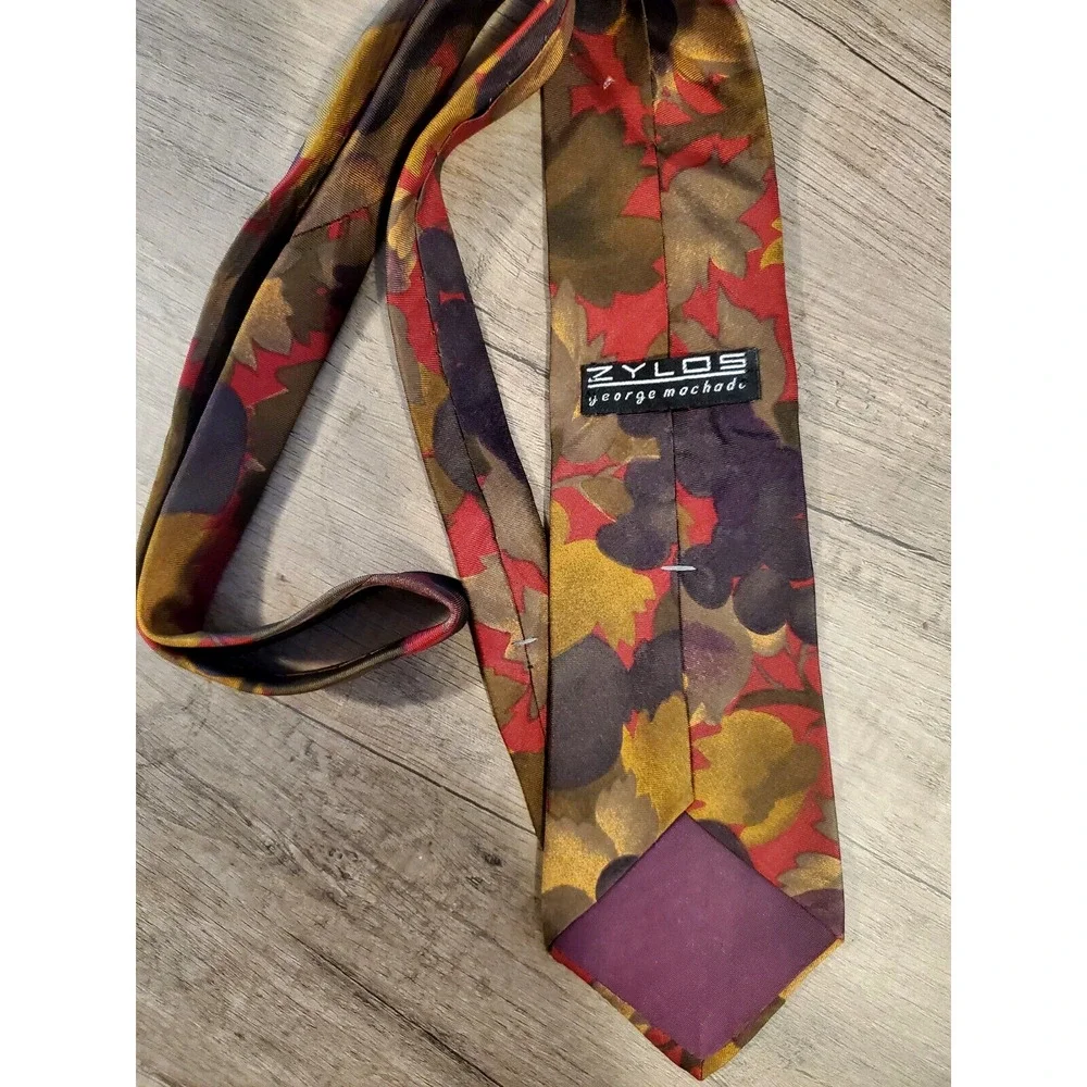 Zylos George Machado Italian Silk Rust Red Olive Plant Print Tie 57.5